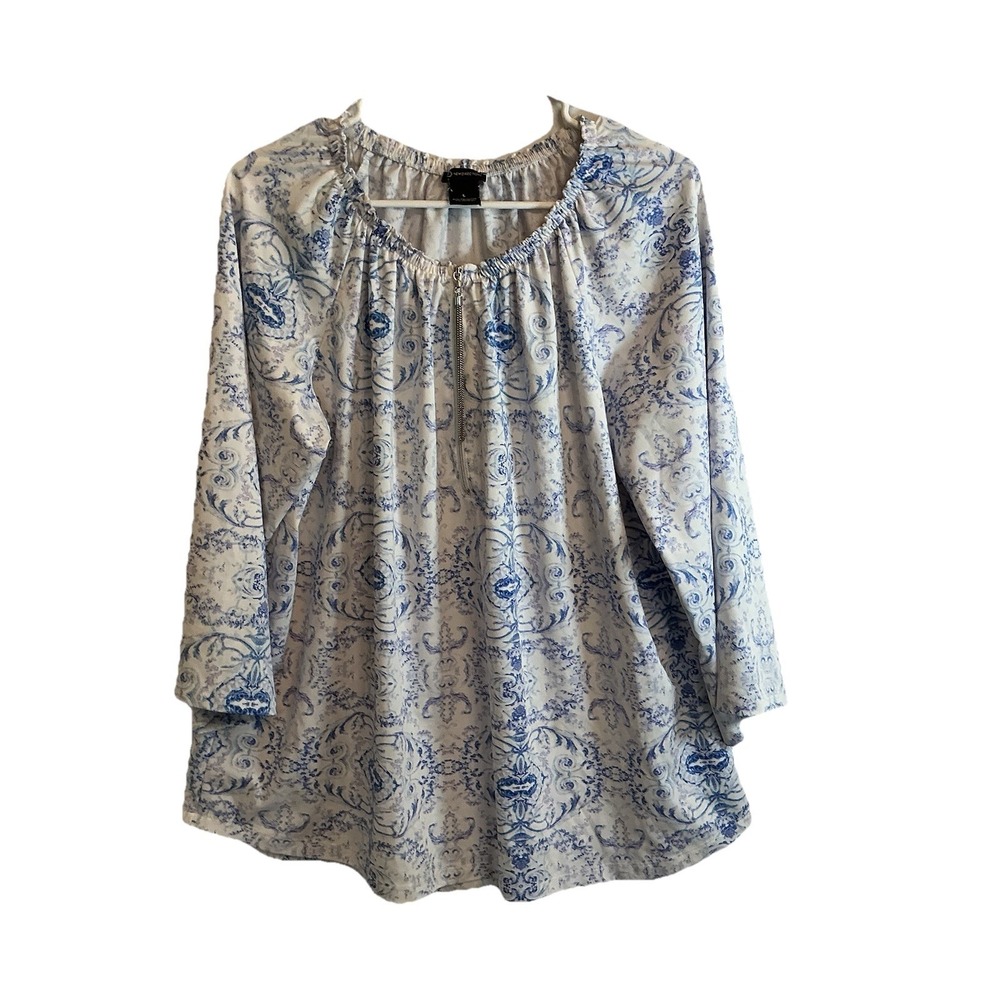 NEW DIRECTIONS Stretch Blue & White Floral Top Blouse Shirt Comfortable - Size L